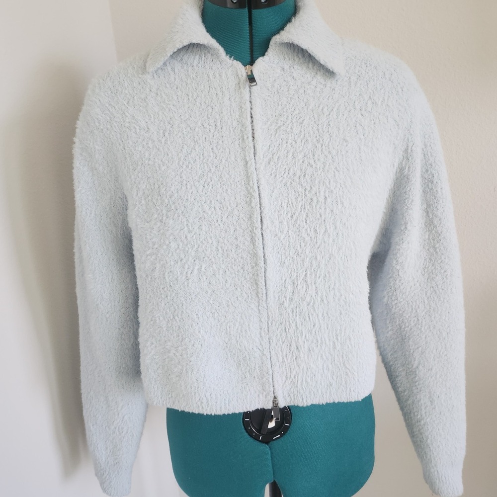 Hazel Moon Zip Up Cropped Top Womens XL Baby Blue Fuzzy Long Sleeve Collar